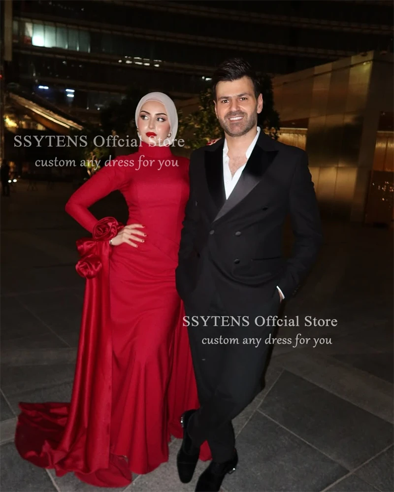 SSYTENS 럭셔리 레드 롱 이브닝 드레스 3D 꽃 케이프 사우디 아라비아 댄스 파티 드레스 공식 행사 댄스 파티 드레스 여성 맞춤형