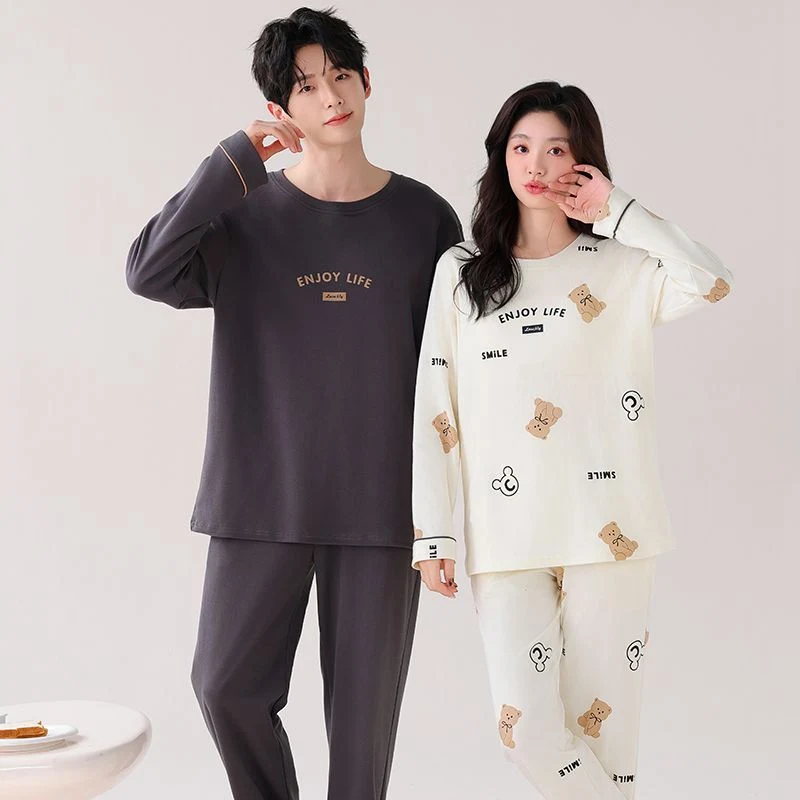 2025년 가을 커플 긴팔 100% 면 파자마 세트 (남성용 한국 귀여운 만화 수면복 파자마 여성용 홈웨어 홈 의류)