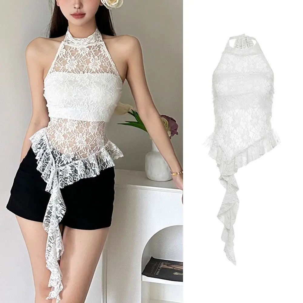 

New Polyester Lace Halter Tops Sleeveless with Straps Hollow Out Camisole Ruffle Backless Beachwear Women