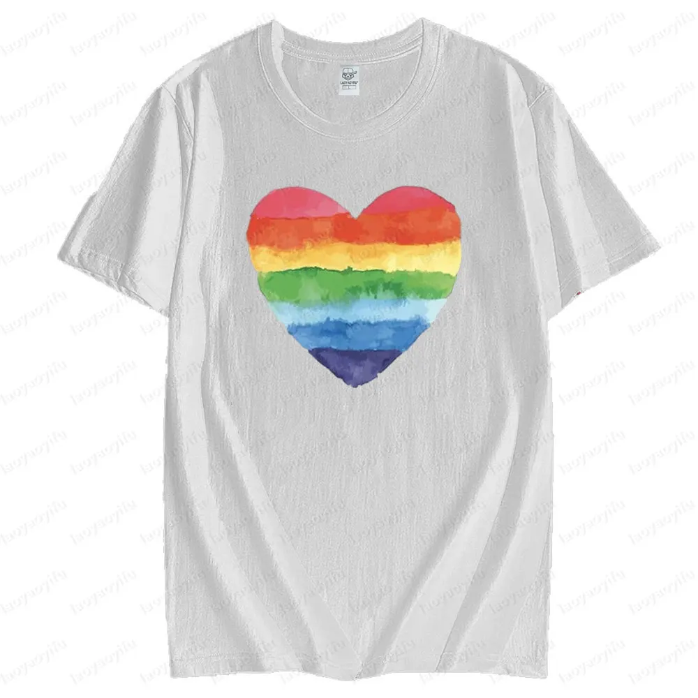 Watercolor Rainbow LGBTQ Heart Graphic Printed Tshirt Pride Month Unisex Tee Tops Women Summer Crewneck Cotton Short Sleeve