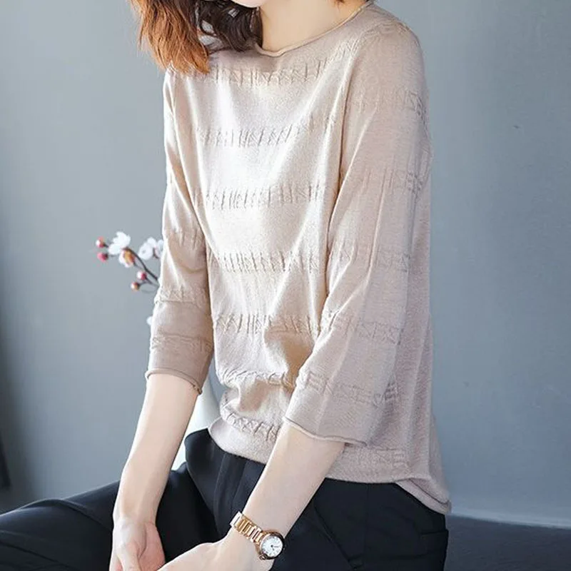 Spring Summer Loose Simplicity Solid Color 3/4 Sleeve T-shirt Women\'s Clothing 2023 Casual All-match Round Neck Knitted Tops