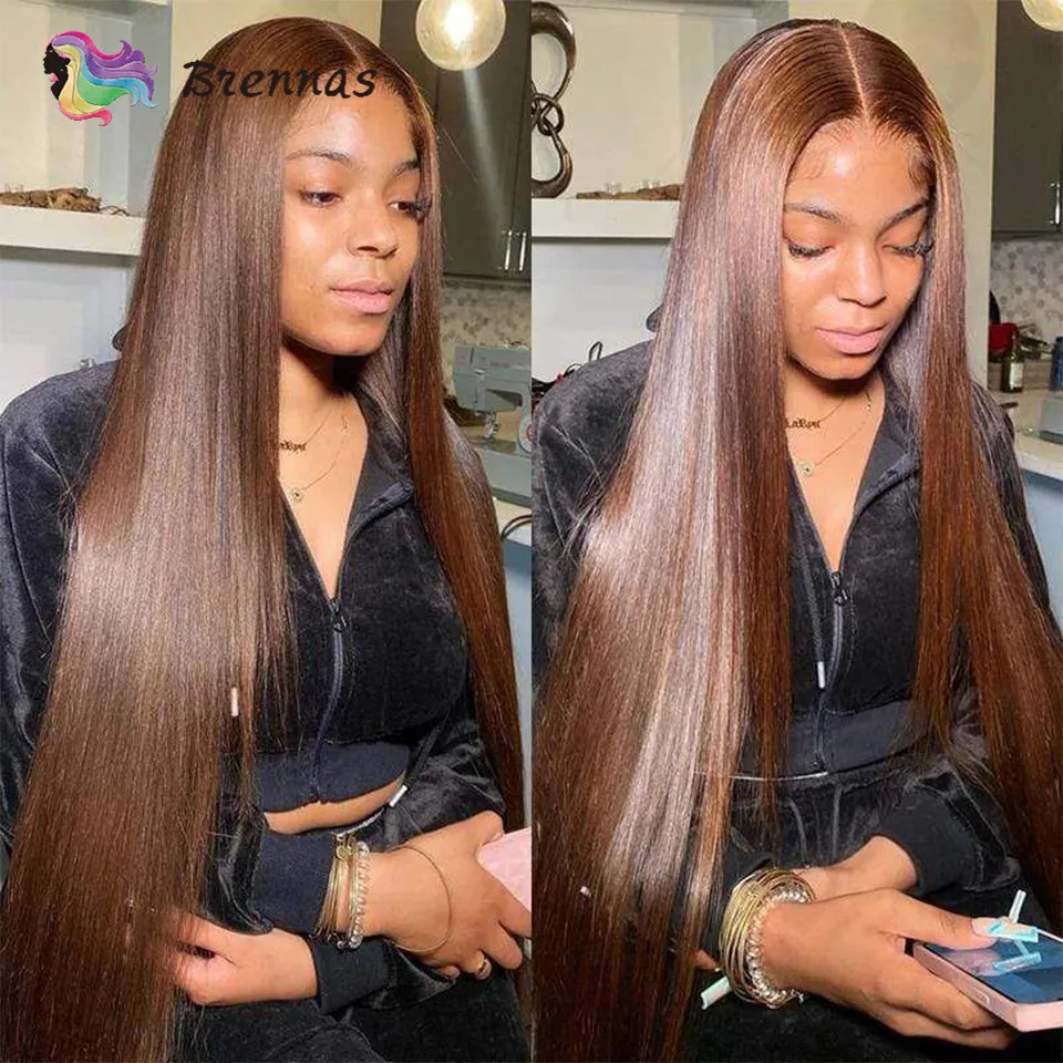 

Brown Straight Human Hair Lace Wigs For Women Preplucked Chocolate Brazilian Glueless Straight Lace Frontal Wig Natural Hairline