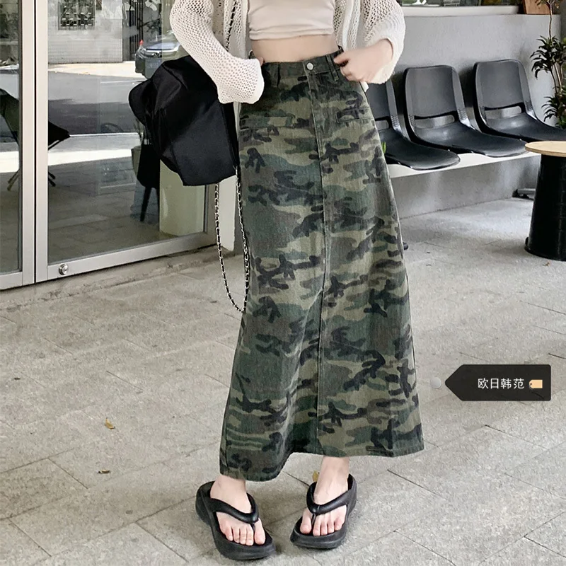 

3XL Streetwear Camouflage Demin Skirt Woman High Waist Long Summer Straight Single Breasted Skirt Casual Denim Trousers 2023