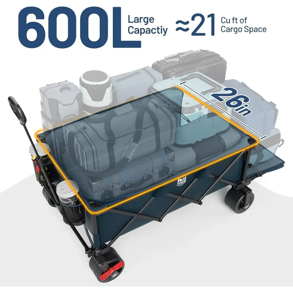 600 لتر Beast Wagon 26 بوصة عرض جدًا لجميع التضاريس قابل للطي مع عجلات كبيرة، شبكة شحن وباب خلفي، 26 بوصة عرضًا و 55.25 بوصة طولًا، 500 رطل شديدة التحمل