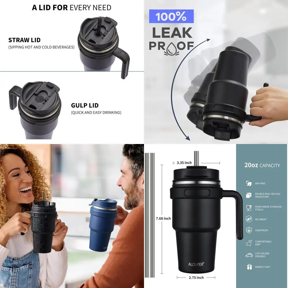 

Дорожная кружка из нержавеющей стали с двойными стенками и крышкой и соломинкой, герметичная, черный/розовое золото, 20 унций