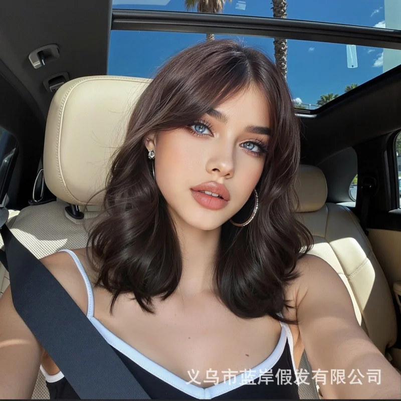 Fashionable short curly synthetic with bangs, natural black-brown color, ponytail style, full head wig for women