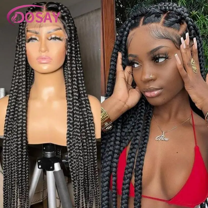 36Inches Synthetic Full Lace Braided Wigs Lace Frontal Box Cornrow Braided Wigs Transparent Lace Goddess Knotless Braids Wigs