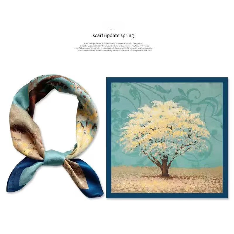 Spring/Summer Golden Tree Print Neck Scarf Outdoor Decoration Wrap for Women Breathable 70*70cm Imitation Silk Square Scarf