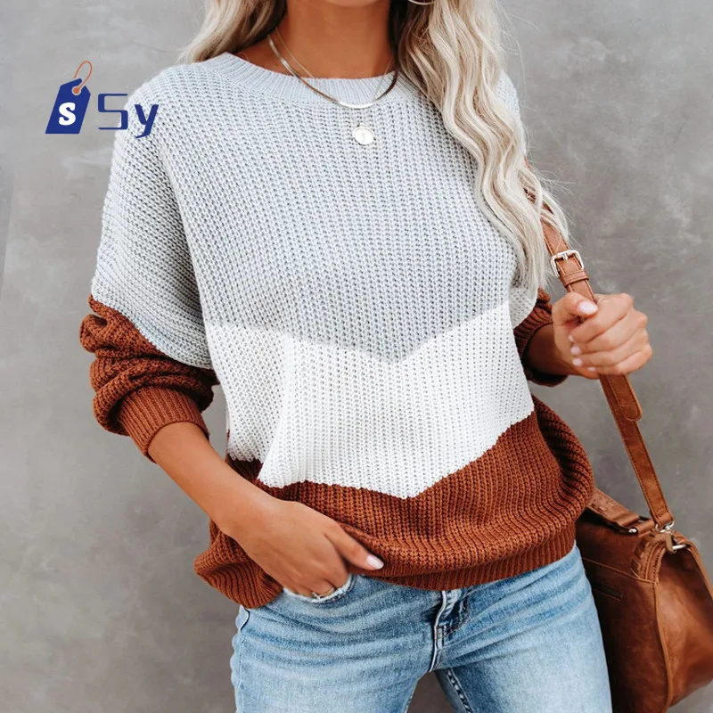 Sy Off Shoulder Knit Sweaters Color Block Women Fashion Casual Pullovers Female Long Sleeve Tops Ladies Clothes Autumn Winter