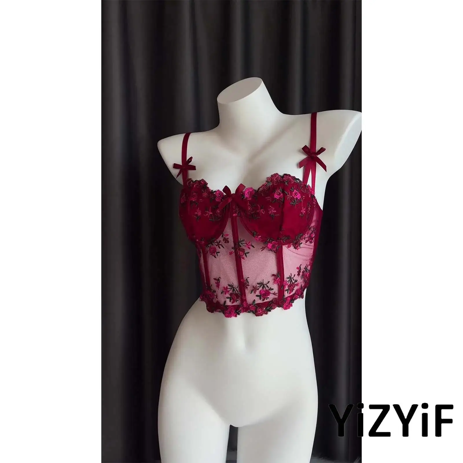 

Women sexy Embroidery Bustier Adjustable Shoulder Strap comfort Sheer Mesh Push Up Bra Crop Top Underwired Corset Tops for daily