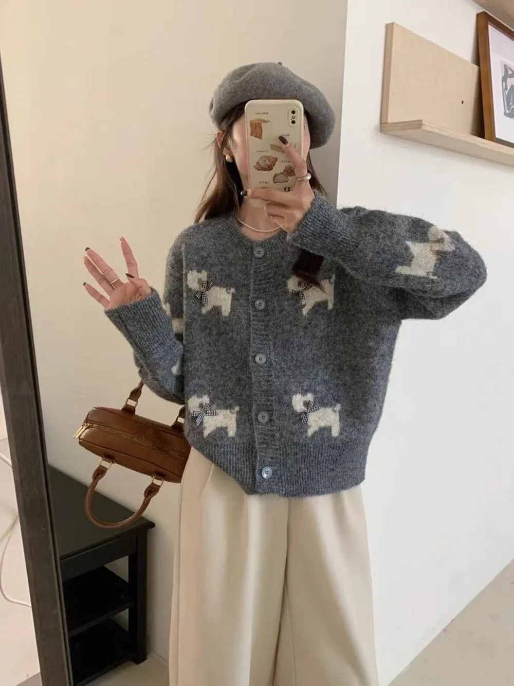 Personalized Puppy Jacquard Knitted Cardigan Autumn Winter Loose O-neck Long Sleeve Top Design Sense Bow Sweaters Coats