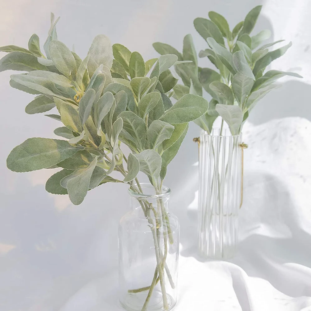Faux Lambs Ear Stems 5Pcs Flokowana sztuczna zieleń Solid Spray Fake Rabbit Ear Leaves for Home Wedding DIY Craft