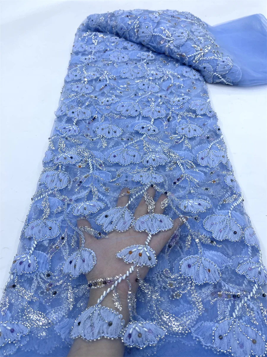 

African French Tulle Embroidery Beaded Beads Lace Fabric Nigerian Sequins Lace Fabric For Wedding Party Christmas Dress