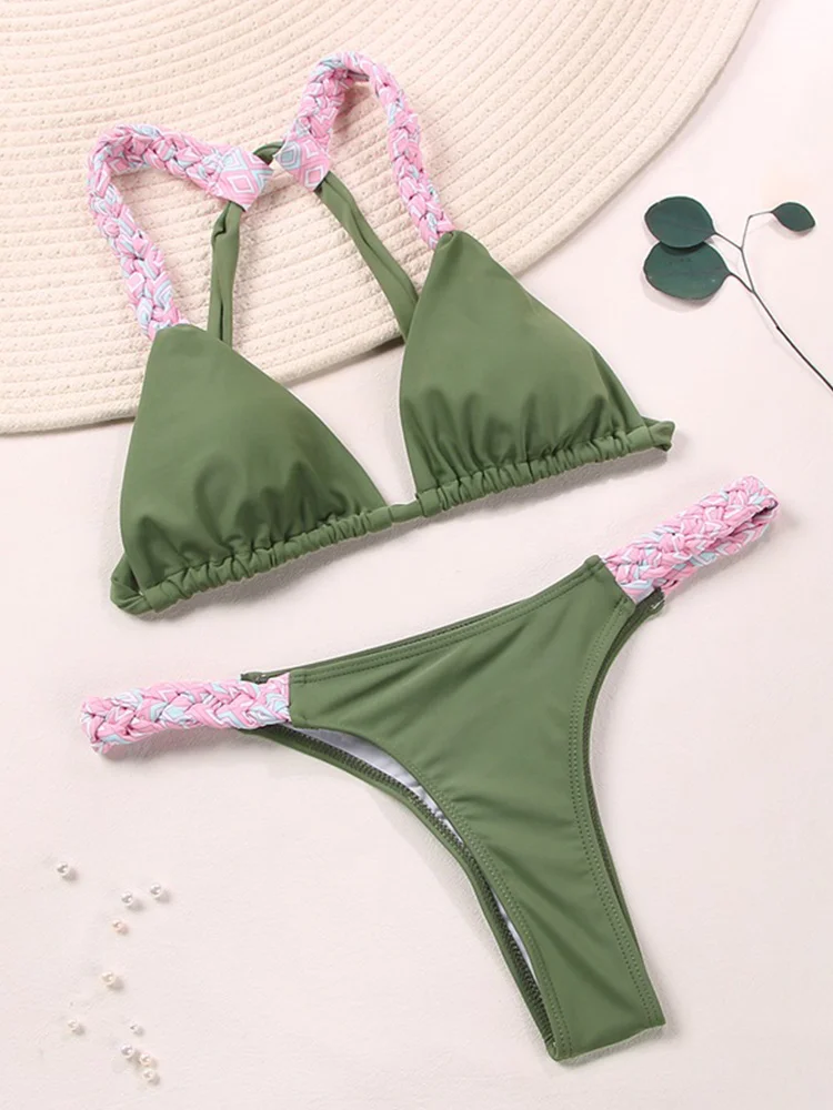 Handmate Bikini Set Women Bikinis Green Print Swimsuit 2024 Triangle  Swimwear Women Bandage Bathing Suits