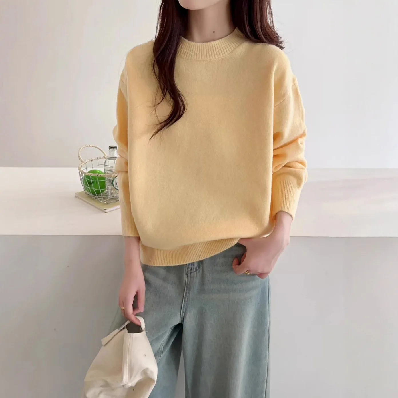 فضفاض جولة Ne البلوز سترة المرأة لون نقي محبوك أعلى مريحة بسيطة Sle عارضة Faion الخريف الشتاء ارتداء #2