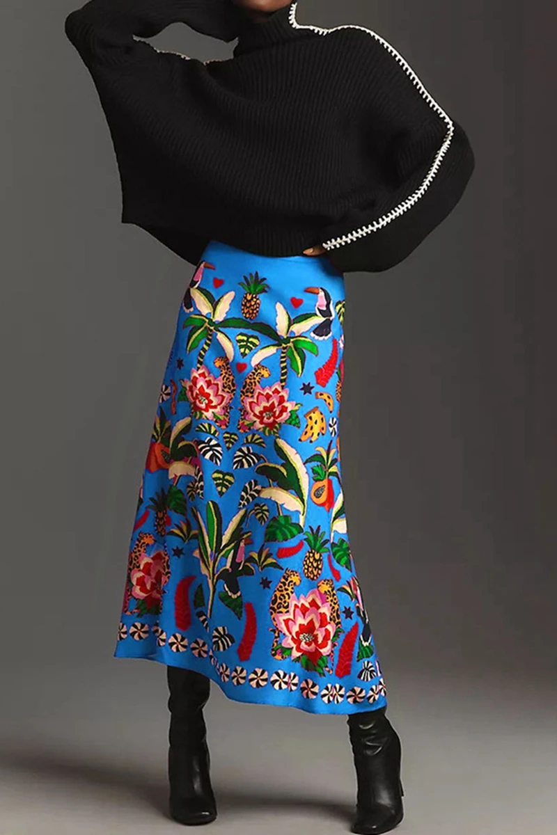 STYLISH LADY Tropical Plant Printed Vintage Skirts 2025 Autumn Women Elastic High Waist Colorful Retro All Matched Midi Skirts