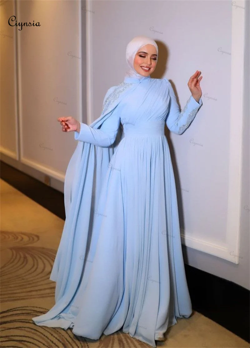 Ciynsia Elegant Muslim Hijab Evening Gown Sky Blue A-Line Chiffon with Beading Dubai Arabic Wedding Party Dress فساتين السهرة