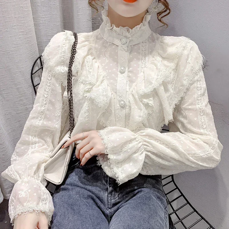 Spring Fashion Long Sleeve Loose Button White Shirt Elegant Stand Collar Pleated Tops Casual Ruffle Lace Blouse Blusas 15832