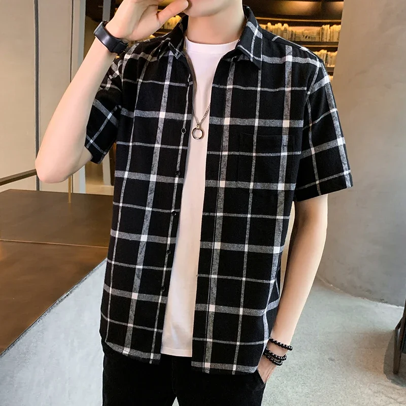 

Men's Summer Short Sleeved Plaid Shirt Loose Casual Teenagers Cardigan Shirt Men Tops