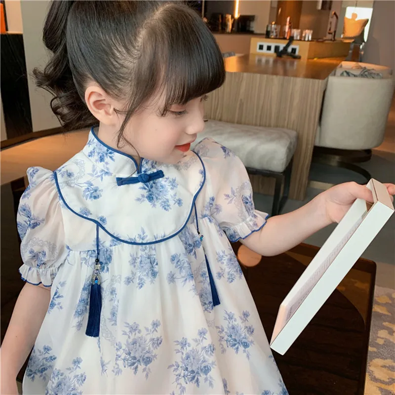 Qipao For Girls Summer Floral Dress 2-12 Years Chinese Style Cheongsam Traditional Ethnic Costume Child Girls Princess Dress