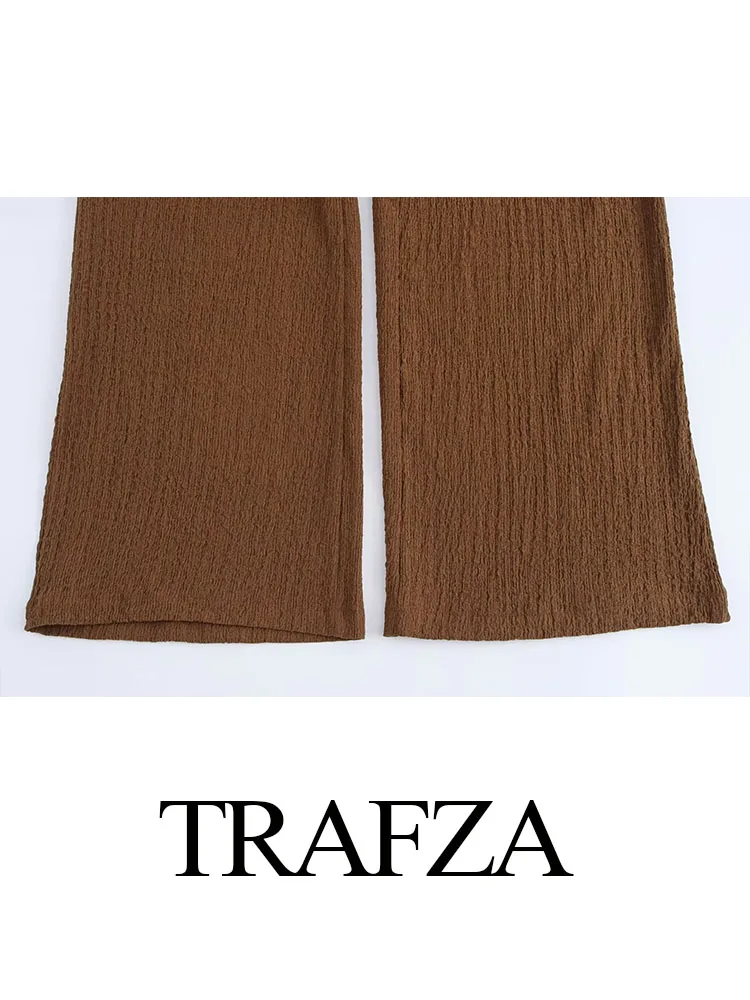 TRAFZA Women Solid Color Texture High-Waisted Straight Long Pant Woman New Fashion Drawstring Design Casual Wide Leg Pants Mujer