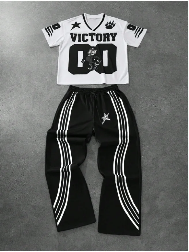 Spring and Autumn Short Sleeve Set American Y2K Hip Hop Digital Street Fashion Men's 3D Adult Short Sleeve Wide Leg Pants