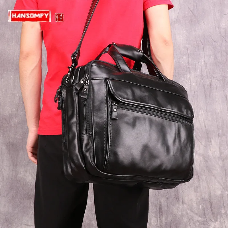 Moda de negócios maleta masculina retro couro genuíno bolsa 15.6 polegadas bolsa para portátil multi-função masculino mensageiro sacos