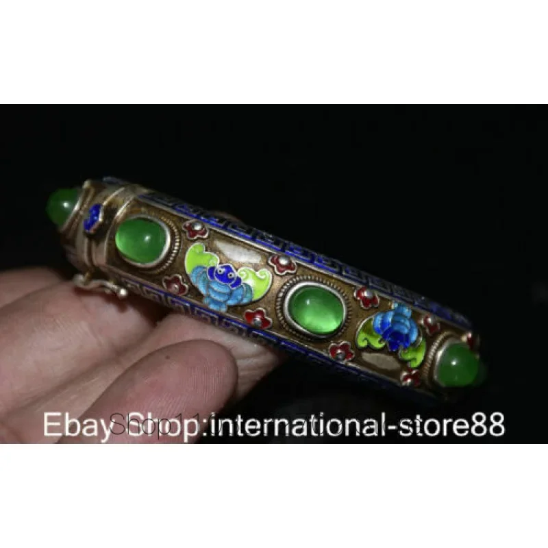 3.2 Inch Chinese Vintage Silver Inlaid Cloisonne Gemstone Bat Flower Beauty Jewelry Bracelet