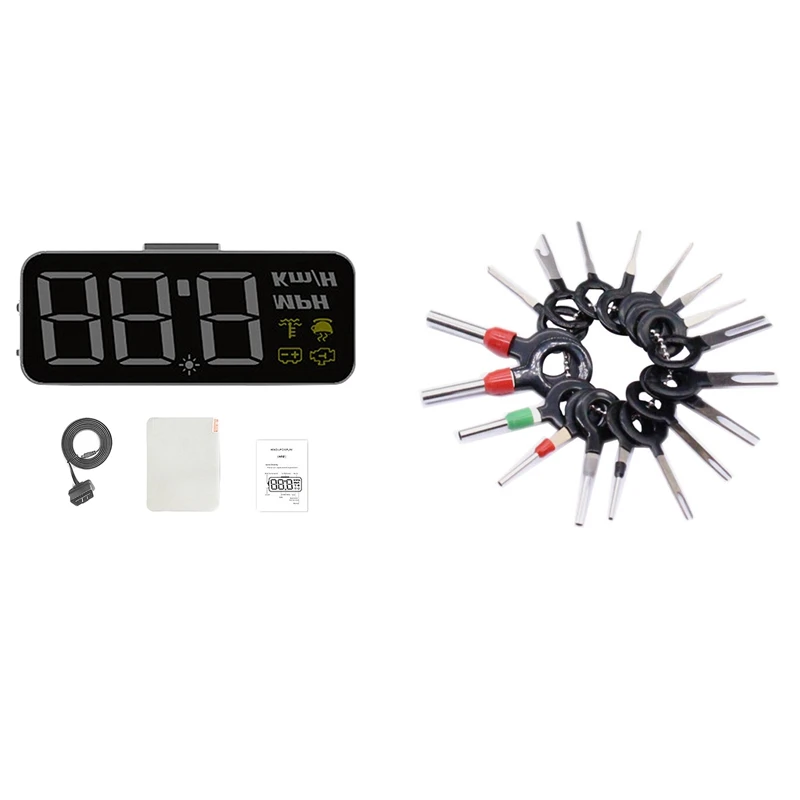 18Pcs Wire Terminal Removal Tool & 1 Set Black Hud H90 Car Head Up 3.2 Inch Digital Display Temp Overspeed Rpm Voltage