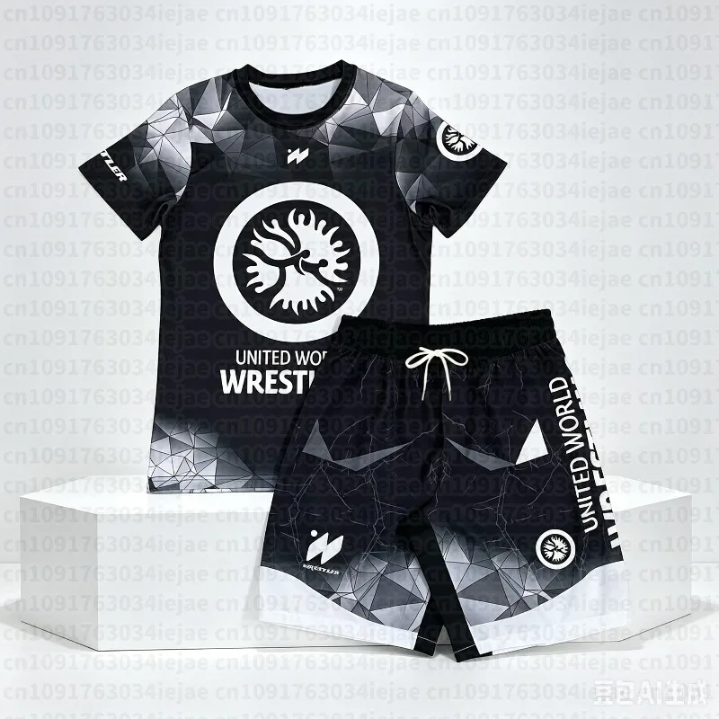 2026 New United World Wrestling Sports Set Men's Black White Graphic Rash Guard & Shorts Quick Drying MMA Training Combat Suit