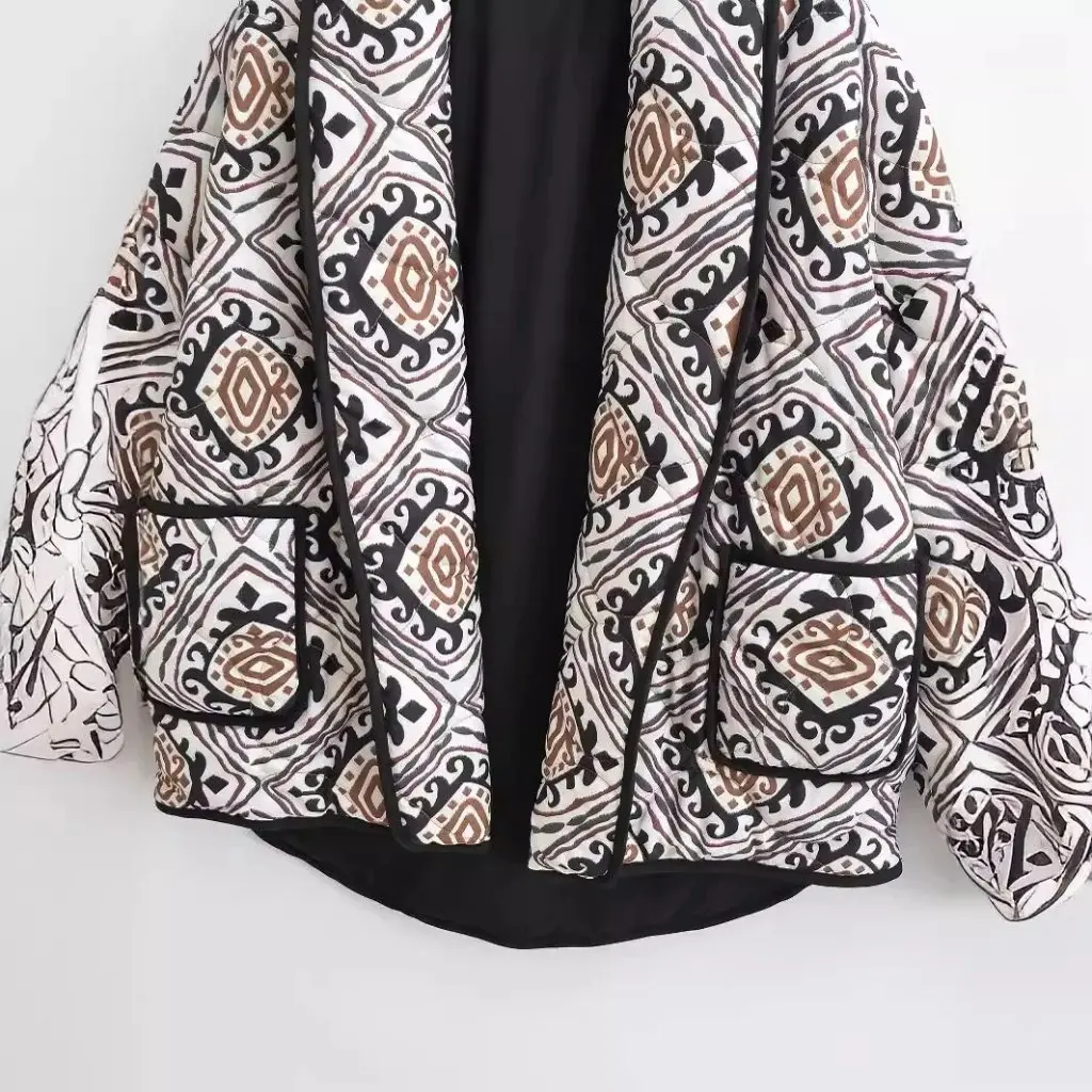 

Fall/Winter New 23 European And American Fashion Printed Cotton Top with Contrast Color Small Collar for Women