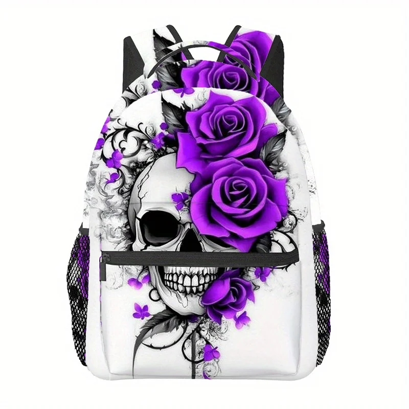 Gothic Skull Rose Print Backpack Lightweight Durable Polyester Adjustable Straps Zip Closure for Travel Camping Gym Shopping