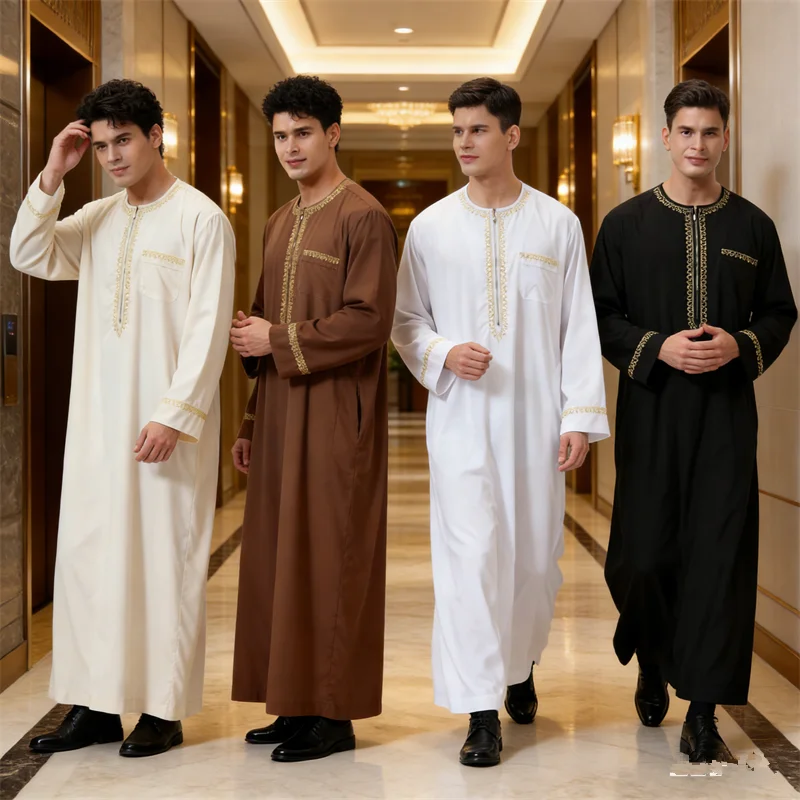 

Muslim Mens Jubba Thobe Abaya Dresses Zipper Long Robe Saudi Caftan Dubai Arabic Eid Ramadan Traditional Islamic Clothing Kaftan