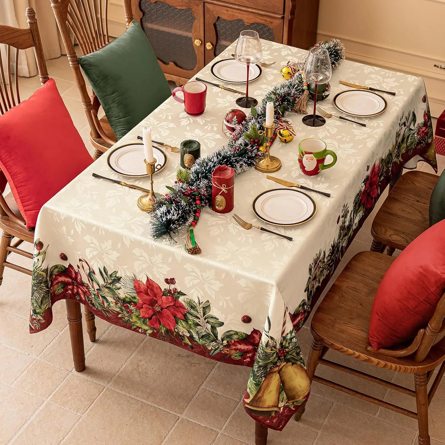 

Christmas Poinsettia Pine Needle Holly Waterproof Tablecloth Table Decor Winter Holiday Kitchen Dining Tablecloth Xmas Decor
