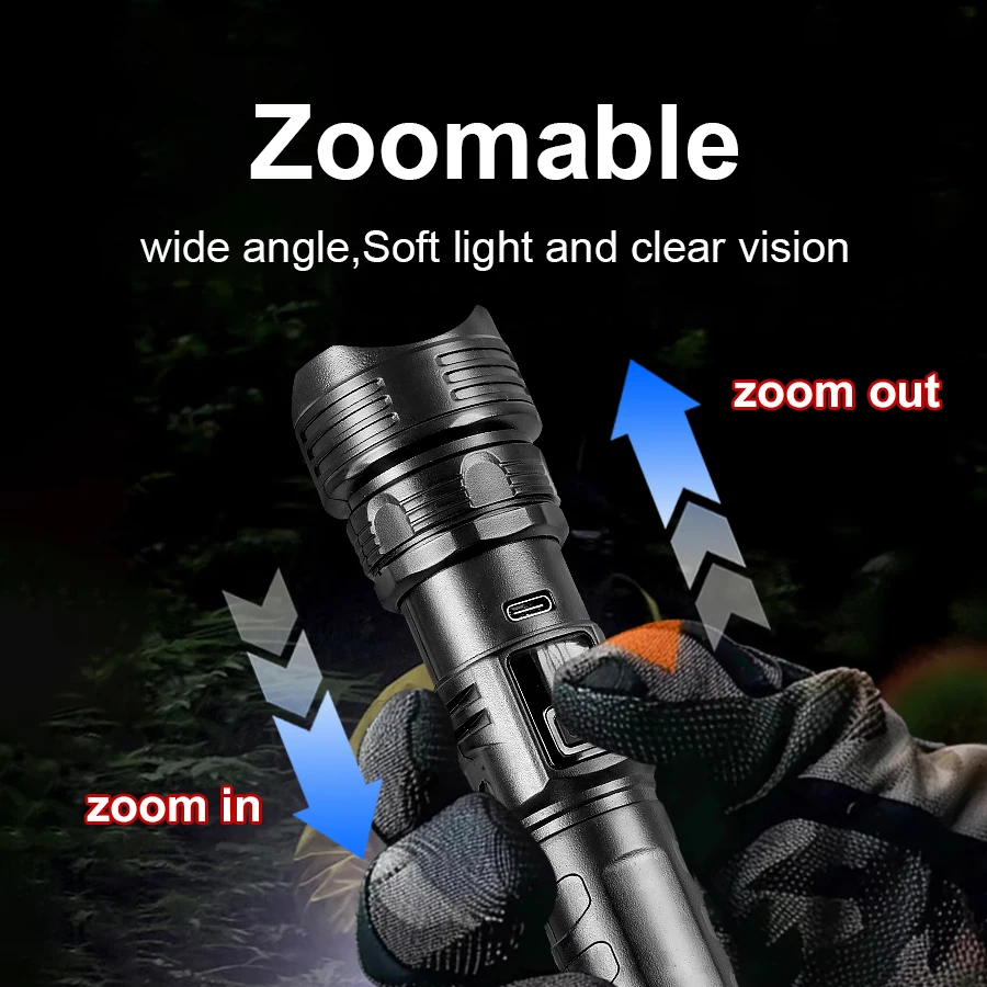 High-power Led Flashlight USB Rechargeable Torch with Display Zoomable Light with Battery Camping Hiking Lantern Emergency Lamp