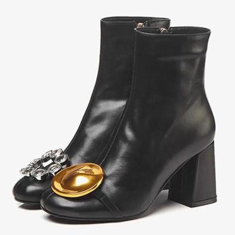 Sexy Ladies Asymmetry Big Crystal Buckle Golden Plates Ankle Boots Square Toe Chunky High Heels Short Boots Women Spring Bottine