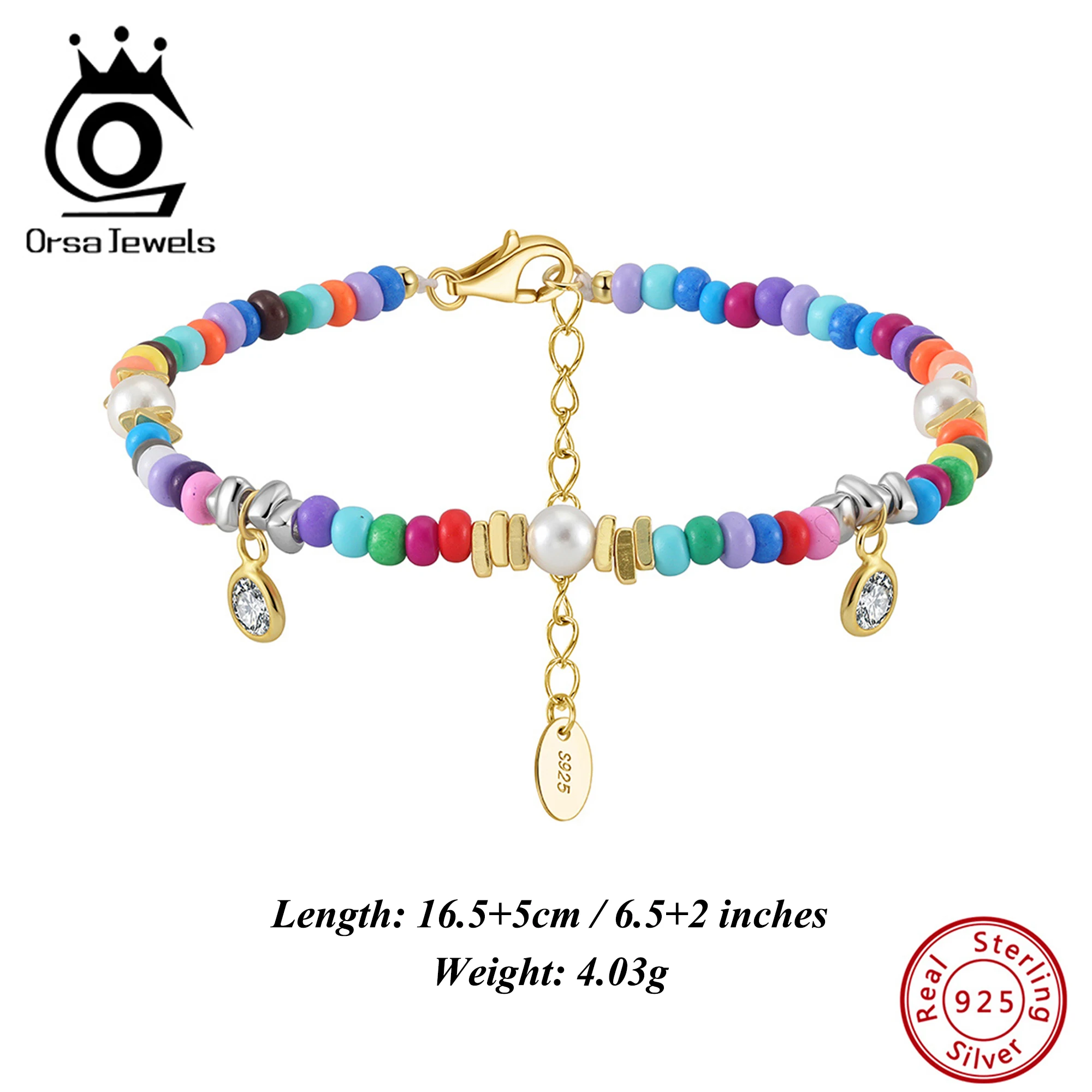 ORSA JEWELS Vibrant 925 Sterling Silver Bracelet with Shell Pearls & Colorful Beads – Celebrate Your Style with this Bold PSB08