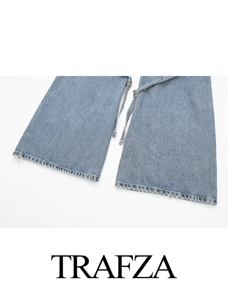 TRAFZA New 2024 Fashion Female Offiice Women Loose Straight Pants Lady With Pocket Trousers Casual Lace up Wide Leg Baggy Jeans