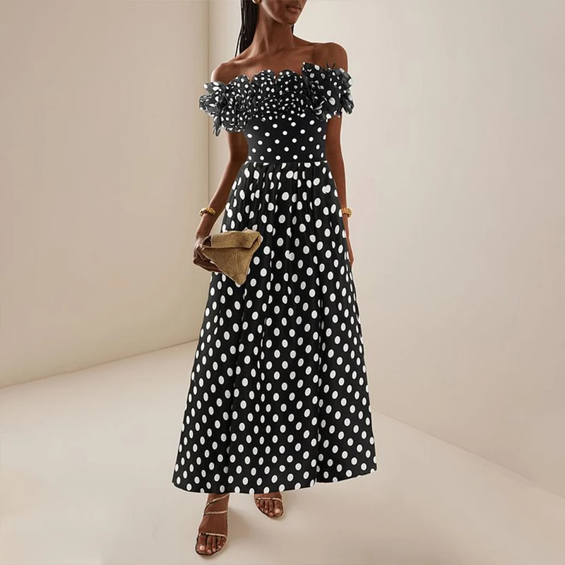 New Sexy Off The Shoulder Bandeau Polka Dot Print Swimwear Women One Piece Swimsuit Female Bathing Suit Ruffle Monokini SwimWear