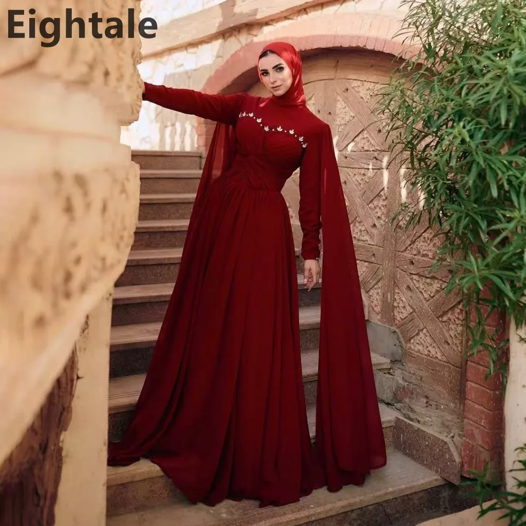 

Eightale темно-красное шифоновое вечернее платье трапециевидной формы в Саудовской Аравии с накидкой и рукавами для выпускного вечера, женское вечернее платье в Дубае по индивидуальному заказу