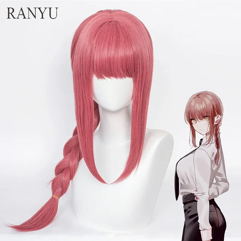 RANYU Wig Cosplay Anime, Wig rambut palsu tahan panas merah muda sintetis panjang untuk pesta