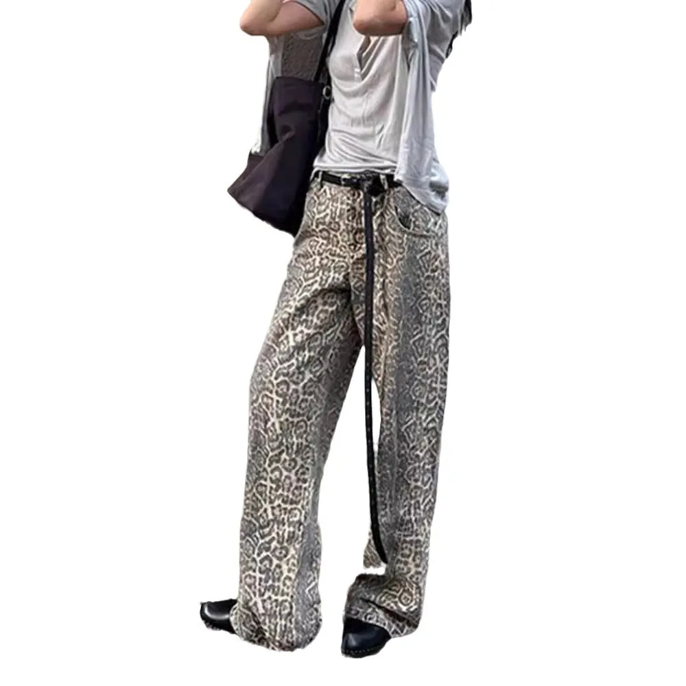 

American Leopard Print Pants Unisex Retro Fashion Streetwear Hip Hop Wide Legs Ins Style Casual Straight Loose Men's Pants Jeans