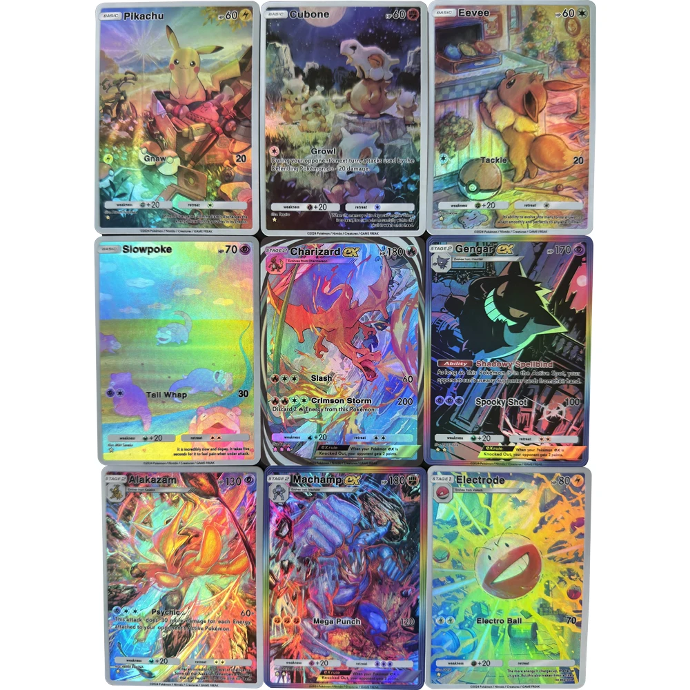 9Pcs/set PTCG Collection Card Anime Eevee Charizard Gengar Ex Alakazan Machamp Refractive Embossed Flash Color Flash Card Gift