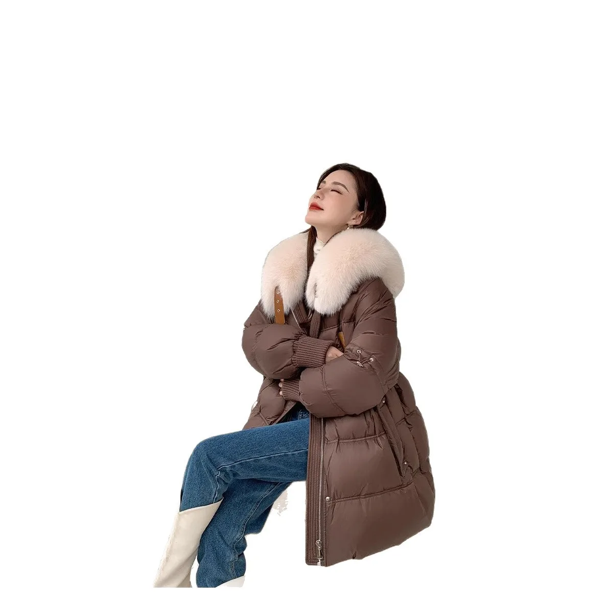 Nuovo piumino da donna con collo in pelliccia di volpe Trench in vita Cappotto invernale in piuma d'anatra bianca