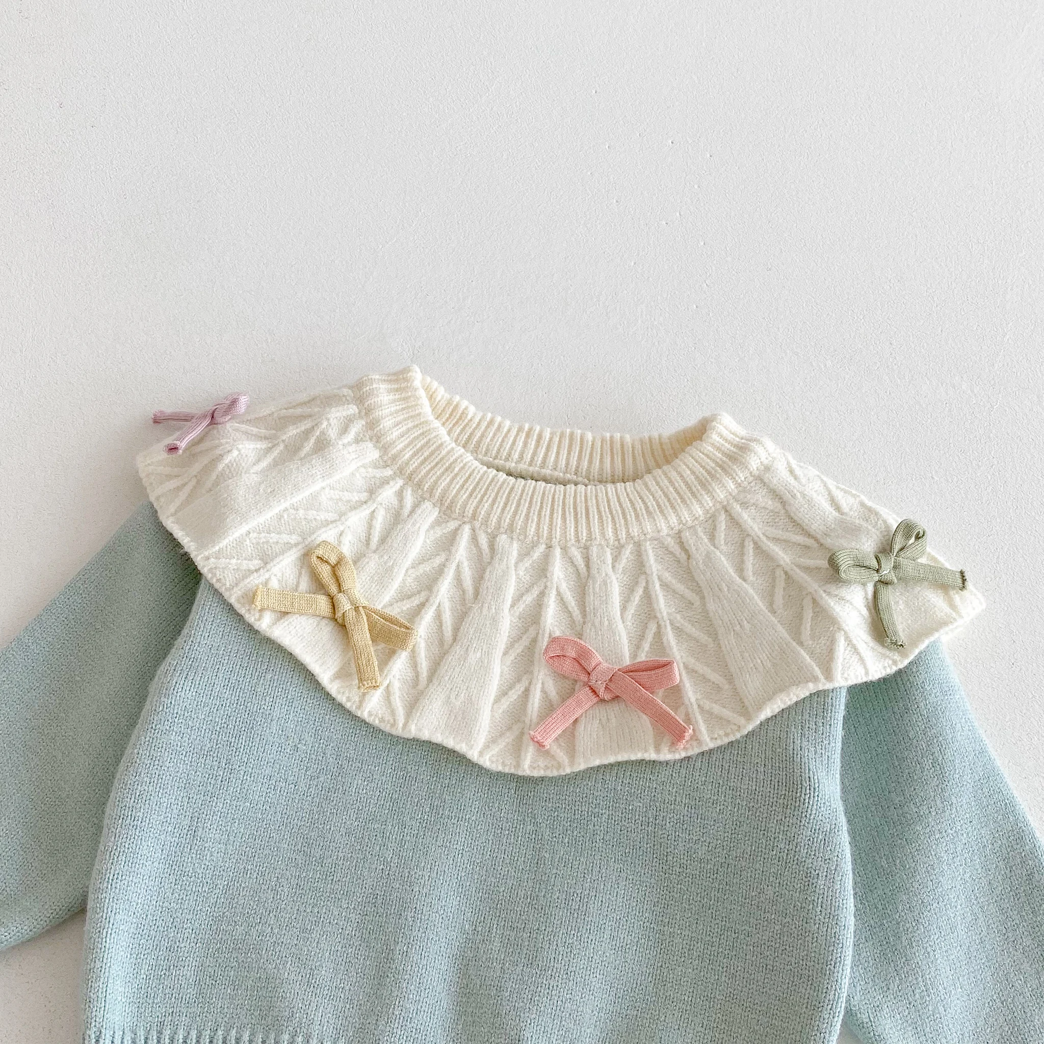 Neues Herbst-Winter-Strickset im koreanischen Stil für Mädchen: Puppenkragen, Oberteil mit Schleife und passenden Leggings, zweiteiliges Outfit – Detail 4