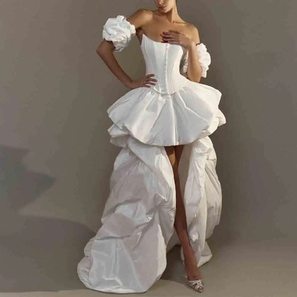 

Customized Off The Shoulder Bridal Gowns Corset Satin Wedding Dresses With Detachable Sleeve High Low vestidos de novia