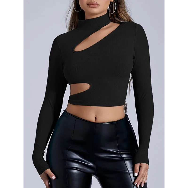 

Tinaa Women's Black Cutout Turtleneck Crop T-shirt 2026 New Knit Skinny Streerwear Long Sleeve Solid Color Pullovers Top 168486