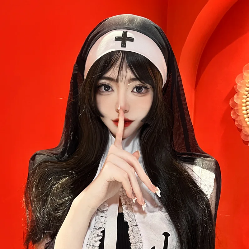 

Halloween Cross Gothic Nun Hat Women Lace Headscarf Shawl Veil Dark Headdress Cap Costume Accessories