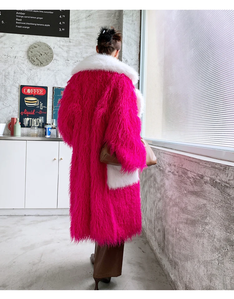 Lady Personalized Rose-red Faux Fur Coat Contrast Color Long Jacket Female Streetwear Women\'s Winter Coats Performance Costume