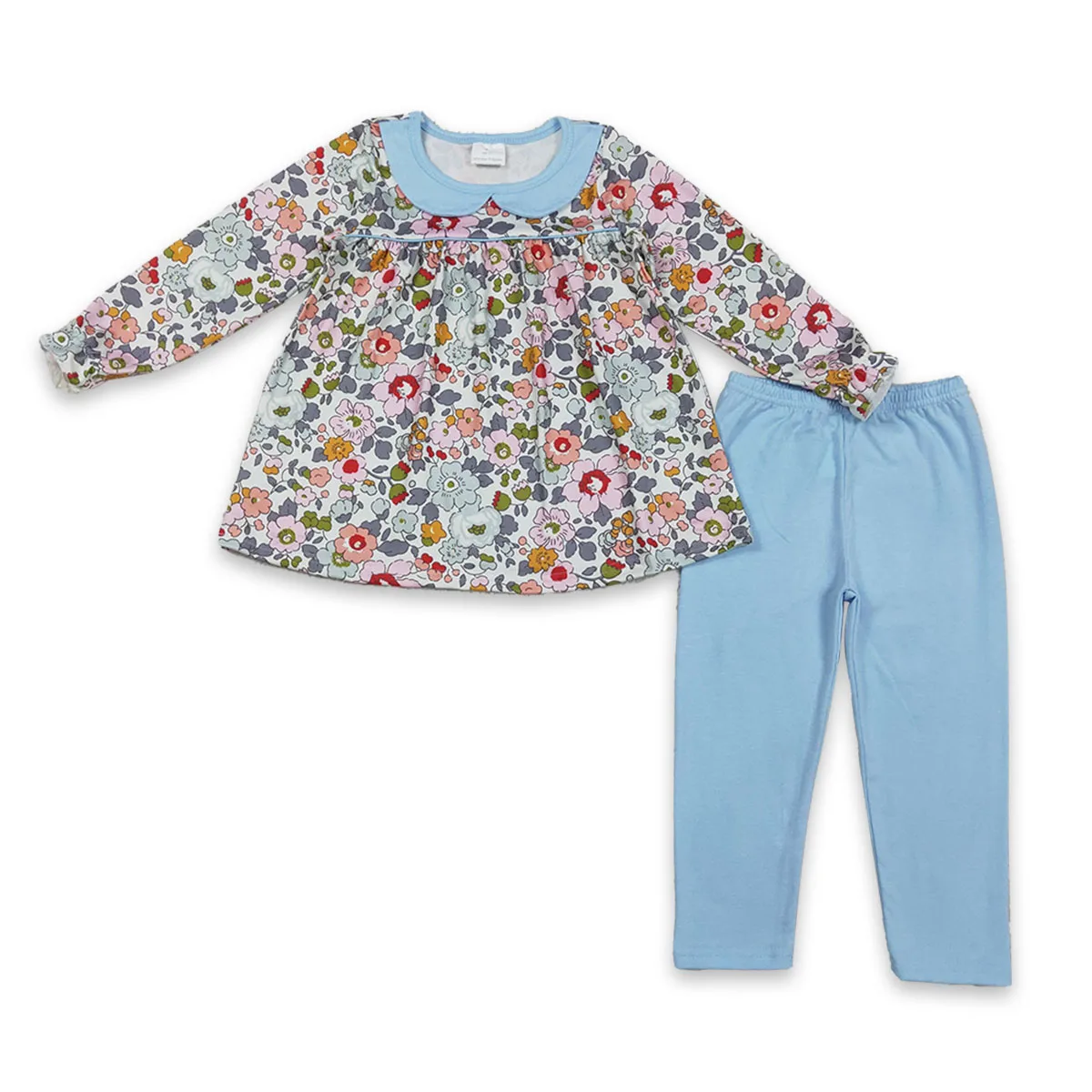 Baby Girl Long Sleeve Colorful Flowers Collar Tunic Tops Set Kids Legging Pant Infant Toddler Outfit Children Clothes Wholesale